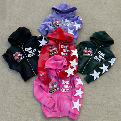 Acid Wash Frans Terry Hoodie Custom Streetwear Boxy Cropped Distressed Vintage Borduurwerk Patch Zip Up Hoodie