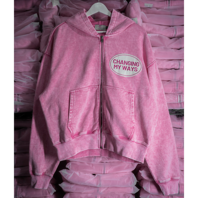 Custom Roze Sneeuw Gewassen Geslepen Borduurwerk Patch Zwaargewicht Boxy Fit Drop Schouder 100% Katoen Geknipt Zip Up Hoodie