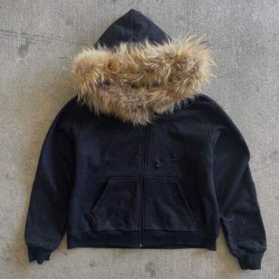 Custom Winter French Terry Hoodie met bont kap Vintage Organic Cotton Mensen Zip Up Faux Fur Hoodie