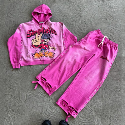 Streetwear Rhinestone Zip Up Hoodie Sweat Pants Set Acid Wash Man Tracksuit Zon Vervaagde Mannen Sweatsuit