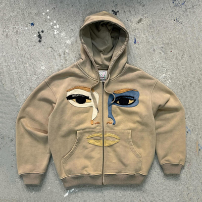 Custom dikke zware 100% katoenen zuur was Frans Terry Distressed Patch Work Borduurwerk Zip Up Hoodies mannen