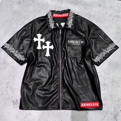 Custom Hip Hop Men's Patch Embroidery Distressed T-shirt Mensen Zip Up Boxy Fit Kortmouw Pu Leer T-shirt