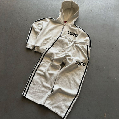 Custom zware katoenen zijspan gesneden doos Zip Up Hoodies en Baggy Sweatpants Set Sweatsuits