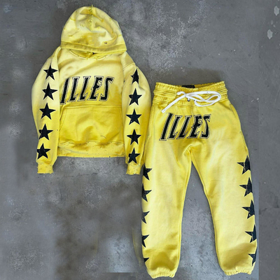 Custom Mens Twee-Piece Set Zwaargewicht Pullover Gedrukt Distressed Vintage Acid Wash Tracksuit