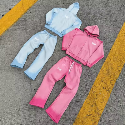 Custom Vintage Jogging Set Zip Up Acid Wash Tracksuit SweatsuitsHoodie en Flared Sweatpants Tracksuit voor mannen