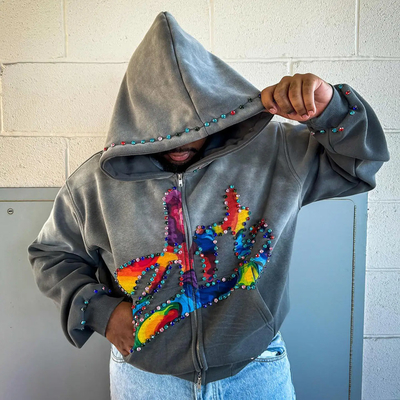 Custom Rhinestone Zip Up Hoodie 450 gsm Dikke Zware Gewicht Screen Printing Logo Zipper Hoodies Mannen
