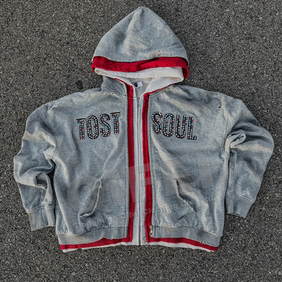 Custom Streetwear Double 3 Zipper Acid Wash Vintage Baggy Boxy Fit Distressed Rhinestone Triple Layer Zip Up Hoodie