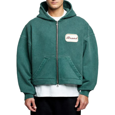 Custom Logo Patch Applique Borduurwerk Zwaargewicht 600 gsm Hoodie Baggy Boxy Cropped Acid Wash Double Zipper Hoodie