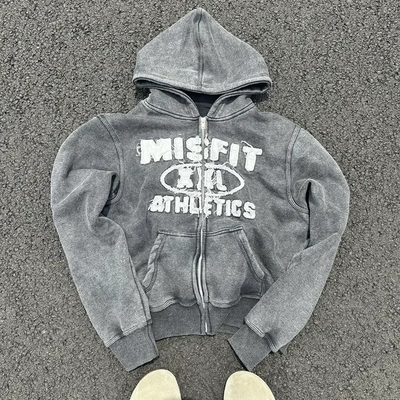 Custom Vintage Stone Gewassen Applique Patchwork Borduurwerk Hoodies Zware katoen Grijs Gesneden Zip Up Distressed Hoodie