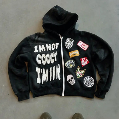 Custom Zip Up Heavyweight Cotton Terry Hoodie met Box Fit en Distressed Patch Broderie Seizoensgebonden Essentials