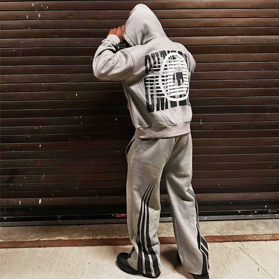 Custom Screen Print Strass Tracksuits Zipper Acid Wash Sweatsuit Vintage Hoodie Track Sweatpants en Hoodie Set voor mannen