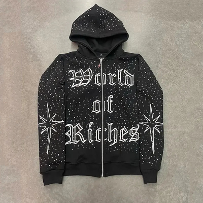 Hoodie van hoge kwaliteit, geborduurd met zip, zwaargewicht, katoen, Frans Terry, overgrote hoodies, op maat, met rits, rhinestone, zip, hoodie