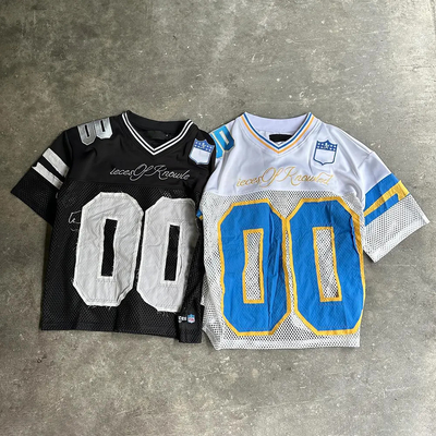 Custom borduurwerk Casual Sport Retro American Streetwear Mannen Gesneden Polyester Mesh Soccer T-Shirt Boxy Football Jersey