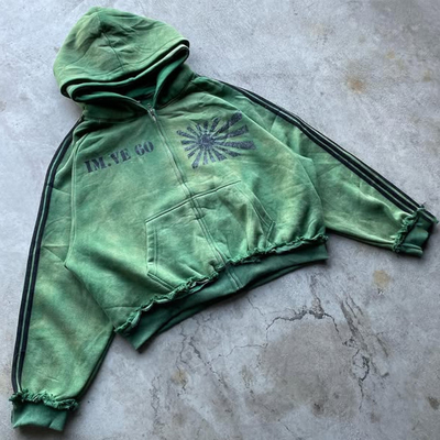 Custom Reversible Reverse Weave Heavy Weight Cotton Distressed Vintage Acid Wash Oversized Box Zip Up Double Hooded Hoodie