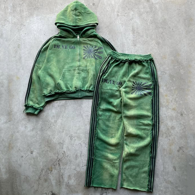 Custom Vintage Acid Wash Reverse Stitch Double Hood Hoodies And Sweatpants Set Mensen Sweatsuit Jogging Set Track Suit voor mannen
