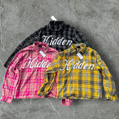 Custom Winter Warm Plaid Shirts Borduurwerk Lange mouw Oversized Diamond Acid Wash Strass Button Up Flannel Shirts Mannen