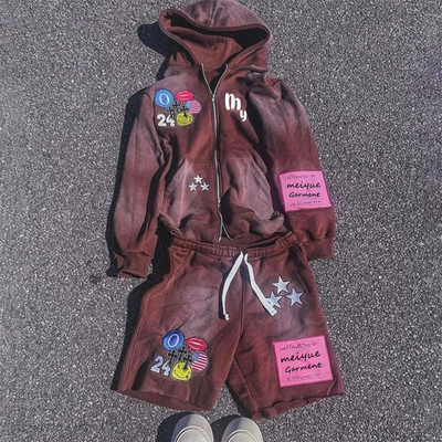 Oversized Cotton Shorts en Hoodie Set voor mannen Kleurrijke Custom Screen Print Borduur sweatsuits