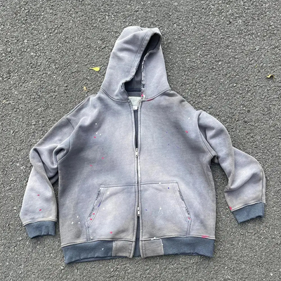 Custom mannen zwaargewicht oversize Crop Box Zip Up Stone Acid Wash Distressed Hoodie Unisex Zon vervaagde Zipper Vintage Sweatshirt