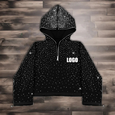 Streetwear op maat 380 500gm mannen Frans terry vlies overal afdruk strassine doos afgeknipt vol gezicht half zip up hoodie mannen