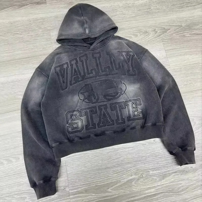 Oem Kledingfabrikanten Pullover Katoen Zonnebloem Overgrote Streetwear Vintage Acid Wash Bedroogde Geborduurde Hoodies