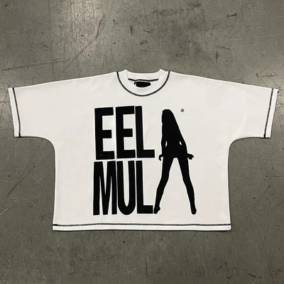 Persoonlijk gedrukt ronde hals wit contrast steken T-shirt 300gsm zwaargewicht katoen box fit gesneden T-shirts mannen