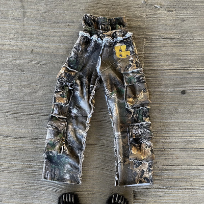 Custom Double Waist Heavyweight Cotton Vintage Acid Wash Sweat Pants Distressed Rhinestone Breed Leg Sweatpants voor mannen