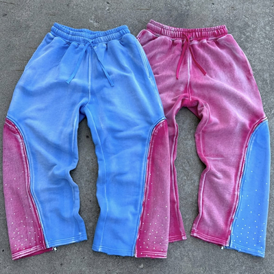 Custom Double Waist Heavyweight Cotton Vintage Acid Wash Sweat Pants Distressed Rhinestone Breed Leg Sweatpants voor mannen
