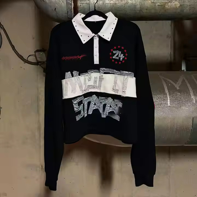 Custom 2025 Streetwear gestreepte knop omhoog kraag oversized strass Dtg print lange mouw rugby polo shirts voor mannen