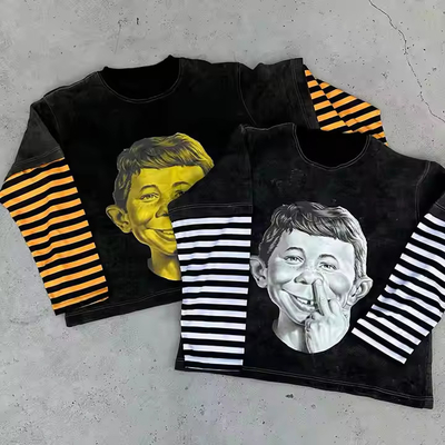 Mensen Double Layer Long Sleeve T-Shirt Custom Acid Wash 350gm Heavyweight Graphic Tee met Strip Print