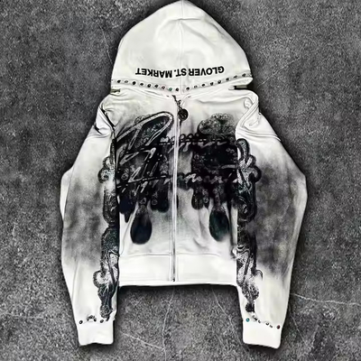 Custom Dirty Washed Zipper Rhinestone Hoodie Mensen Grafisch Gedrukt Logo Frans Terry Streetwear Vintage Distressed Hoodie
