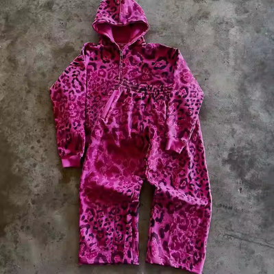 Op maat gemaakt Franse Terry Tracksuits Leopard Print Zipper Sweatpants en Hoodie Set Baggy Jogger Set Streetwear Men 2 Piece Sets
