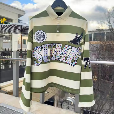 Gepersonaliseerd borduurwerk Rugby Jersey Polo's Kleurblok Strass Langarm Boxy Fit Gesneden Gebreide gestreepte polo shirt voor mannen