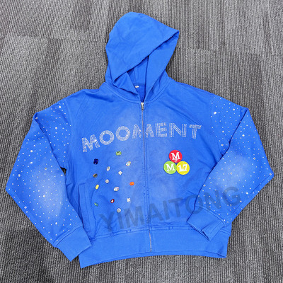 Op maat gewassen zon vervaagde noodgevallen mannen gesneden katoen Terry zwaargewicht 420 Gsm Zip Up Rivet Studded Rhinestone Hoodie