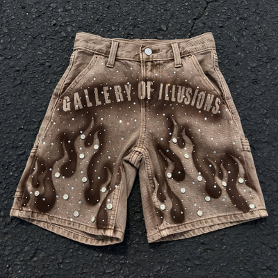 Custom 2025 Summer Strass Jeans Shorts Streetwear Bruin Gewassen Denim Short Pants Vintage Baggy Jorts