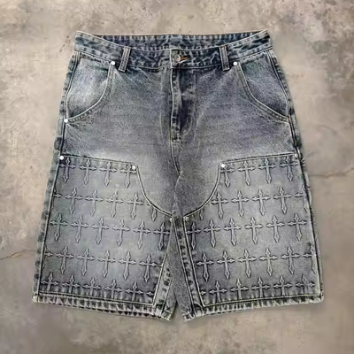 Persoonlijke spuit gewassen mannen Streetwear 3D Embossing Jorts Baggy Mensen JHalf Short Jeans Timmerman Denim Jean Shorts