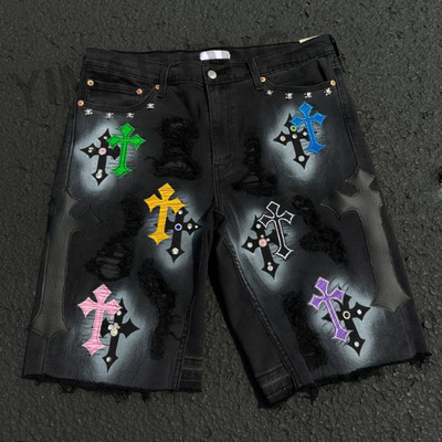Op maat gemaakte hoge kwaliteit slippers straatkleding strassels korte spijkerbroeken geborduurd patchwork denim slippers korte broeken voor mannen