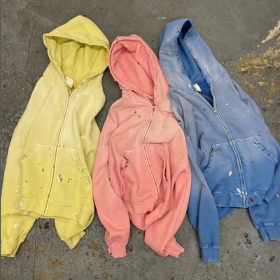 Op maat gewassen zon vervaagde noodgevallen mannen gesneden katoen Terry zwaargewicht 420 Gsm Zip Up Rivet Studded Rhinestone Hoodie