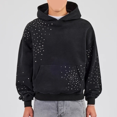 Heren Pullover Hoodie op Maat Streetwear Borduur Logo Vintage Acid Wash Oversized Drop Shoulder Rhinestone Hoodie