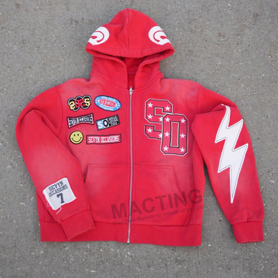 Maatwerk Hoodie Fabrikant Heren Streetwear Vintage Acid Wash Distressed Borduurwerk Applique Patchwork Acid Wash Hoodie