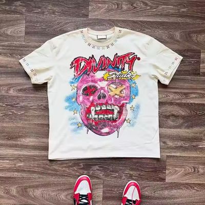 Custom Graphic T-shirts Oversized Boxy T-shirts 100% Katoen Strass Acid Wash Drop Shoulder T-shirt voor Heren