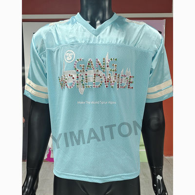 Custom Streetwear Heren Boxy Cropped Rivet Strass Satin Mesh T-shirt American Retro Ademend Sport Voetbalshirt