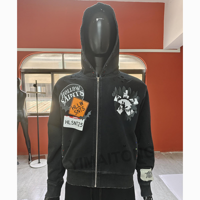 Custom borduurwerk patchwork rits hoodies zwaargewicht katoen straatwear vintage zuur wassen rits up hoodie mannen
