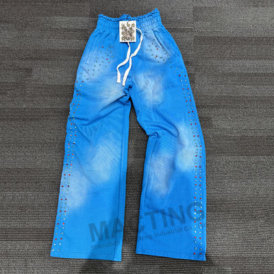 Seizoensgebonden Streetwear Zware Joggingbroek in Acid Wash Katoenen badstof met Klinknagel Strass Steentjes en Platte Voorkant