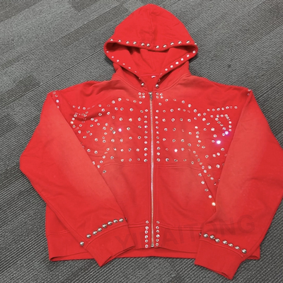 Streetwear Rhinestone Heren Hoodie Custom Sun Faded Diamant Baggy Jas