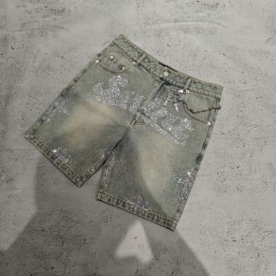 Custom Stone Washed Bling Crystal Baggy Oversized Heavyweight Streetwear Denim 100% Katoenen Denim Heren Shorts Vintage Jorts