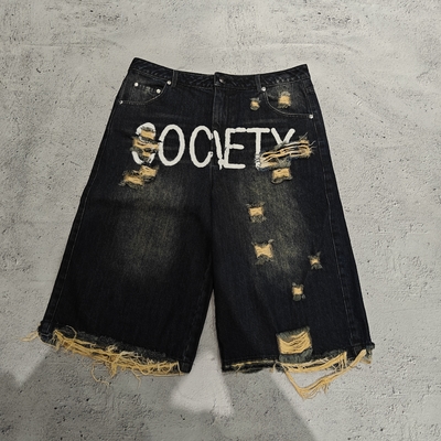 Op Maat Gemaakte Fabrikant Jorts Bedrukte Korte Jeans Streetwear Vintage Zwarte Gewassen Baggy Denim Shorts voor Heren
