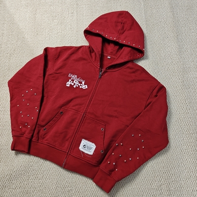 Custom Gewassen Rode Hoodie Distressed Borduurwerk Katoen French Terry Edelsteen Parels Oversized Boxy Rits Hoodies voor Heren