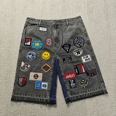 Op maat gemaakte borduurpatches Logo Baggy Jorts Streetwear Hoge Kwaliteit Ruwe Zoom Vintage Denim Jeans Shorts voor Heren