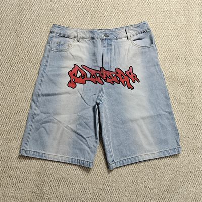 Op maat gemaakte Flared Knee Jeans Shorts Y2k Streetwear Borduurwerk Gedrukt Vintage Double Waist Baggy Vintage Denim Jorts Mannen